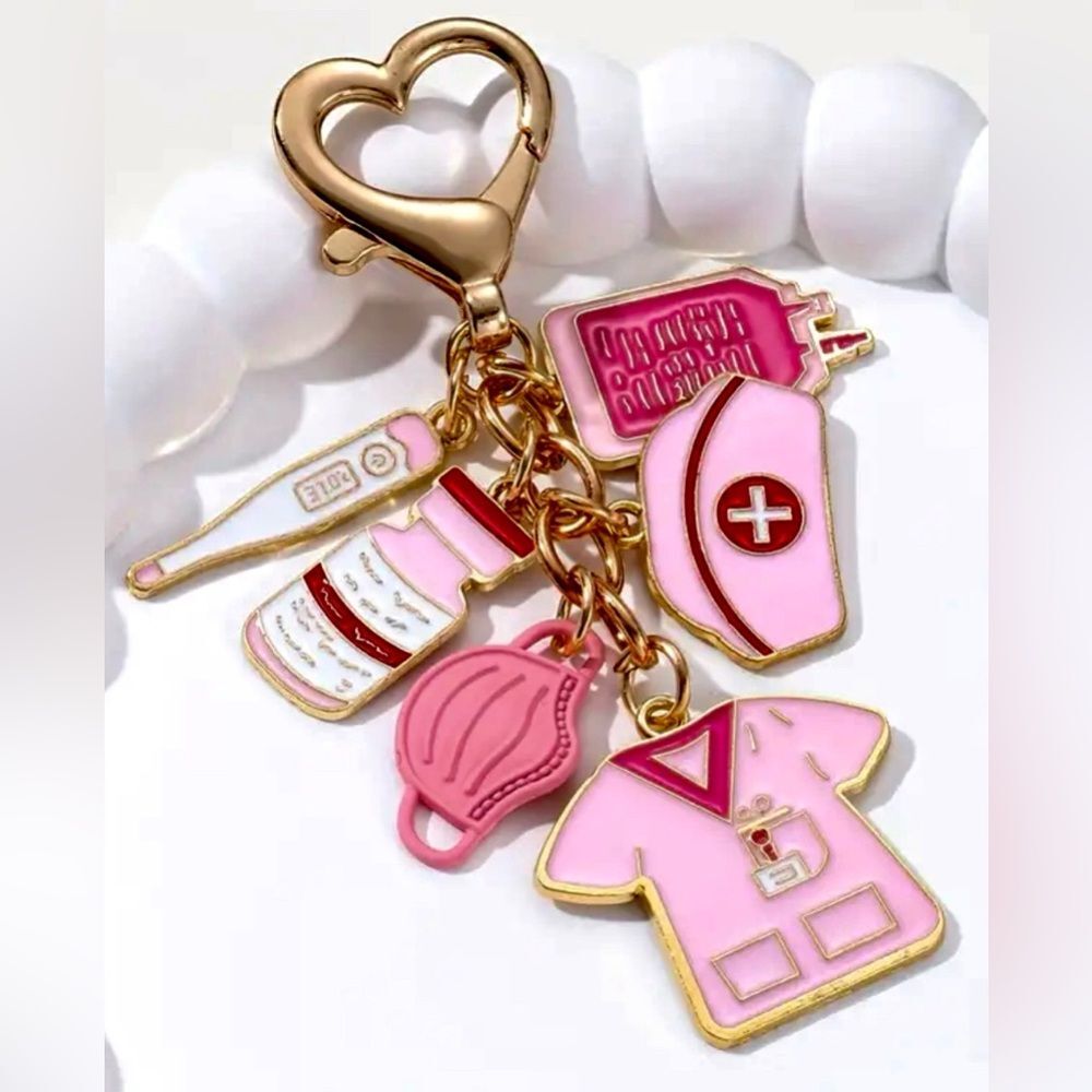 BAG CHARM Pink Nurse Themed Gold Tone Heart Shape Lobster Claw Keychain NIP